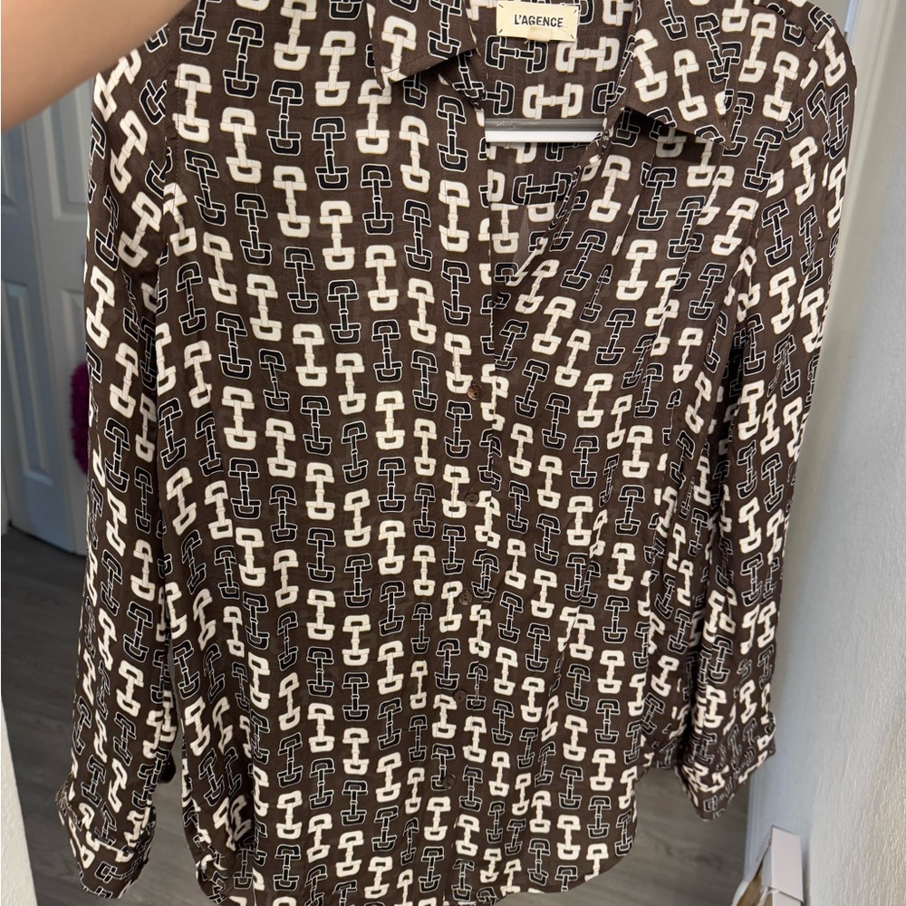 L’agence nina brown buckle print silk blouse xs - Picture 3 of 6